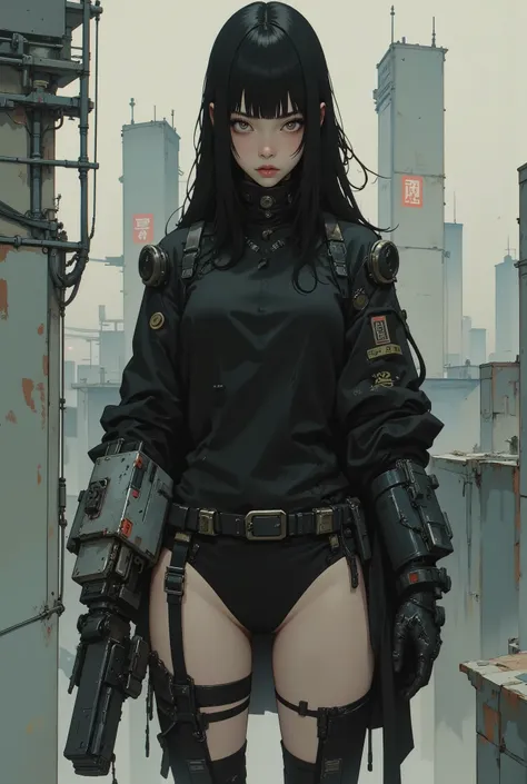 An extremely skinny 18-year-old korean girl wearing minimalistic blade runner dystopian futuristic leather cloak and lingerie, black hair, straight across bangs, heavy chest, slender skinny long legs, leather dominatrix suit, her left art is a make-shift g...
