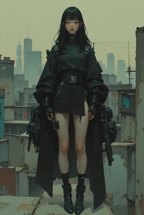 An extremely skinny 18-year-old korean girl wearing minimalistic blade runner dystopian futuristic leather cloak and lingerie, black hair, straight across bangs, heavy chest, slender skinny long legs, leather dominatrix suit, her left art is a make-shift g...