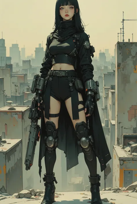 A character study sheet, character concept art, An extremely skinny 18-year-old korean girl wearing minimalistic blade runner dystopian futuristic leather cloak and lingerie, Black Rock Shooter, black hair, straight across bangs, heavy chest, slender skinn...