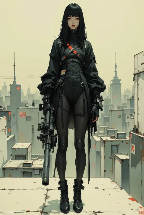 A character study sheet, character concept art, An extremely skinny 18-year-old korean girl wearing minimalistic blade runner dystopian futuristic leather cloak and lingerie, Black Rock Shooter, black hair, straight across bangs, heavy chest, slender skinn...
