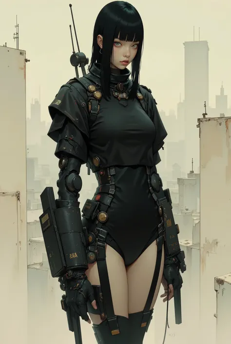 A character study sheet, character concept art, An extremely skinny 18-year-old korean girl wearing minimalistic blade runner dystopian futuristic leather cloak and lingerie, Black Rock Shooter, black hair, straight across bangs, heavy chest, slender skinn...