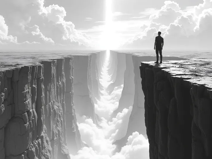 In the art style from linking park albums cover, draw a man standing on the edge of a precipice looking down to the emptiness, wide open, the bottom is not visible, pencil art, black and white, POV from his back