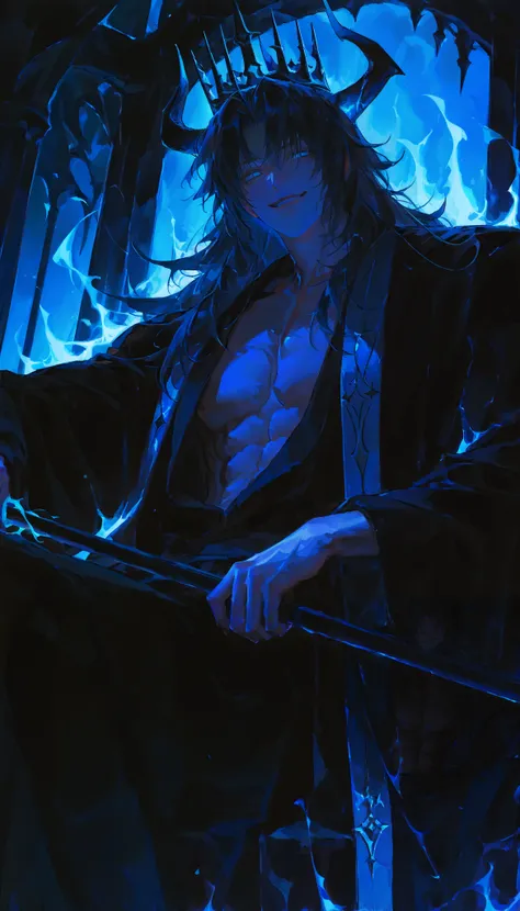 Young man, 1man ,Handsome,long hair,Solo painting,mature man, muscles,solo,alone,handsome,blue eyes, (open robe, fancy black robe, underworld background with blue flames behind a dark throne, holding one black staff, horns, proportionately correct, smirk),...