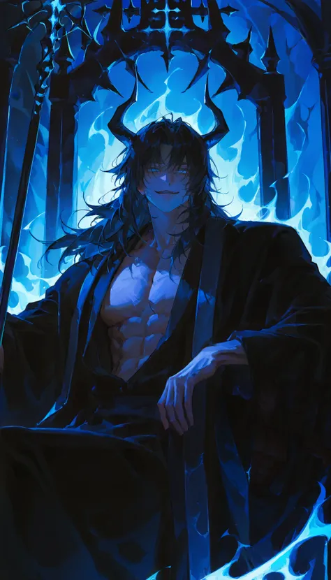 Young man, 1man ,Handsome,long hair,Solo painting,mature man, muscles,solo,alone,handsome,blue eyes, (open robe, fancy black robe, underworld background with blue flames behind a dark throne, holding one black staff, horns, proportionately correct, smirk),...