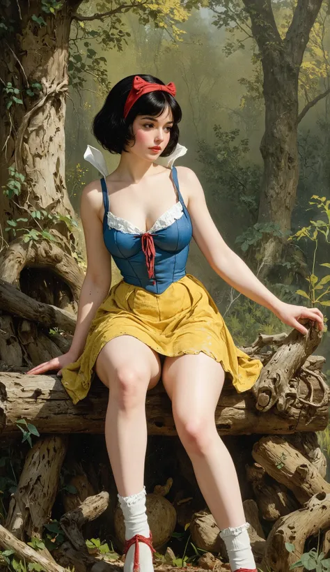 Spouse White Snow Himes、

((NSFW)),
19th Century style,
Full body,
Old photo,

1girl, 7guys,
Early summer in 19th century Switzerland、

Snow White's skin is white as snow、
She has black bob hair with red ribbons、
she wears a blue bodice and a yellow minisk...