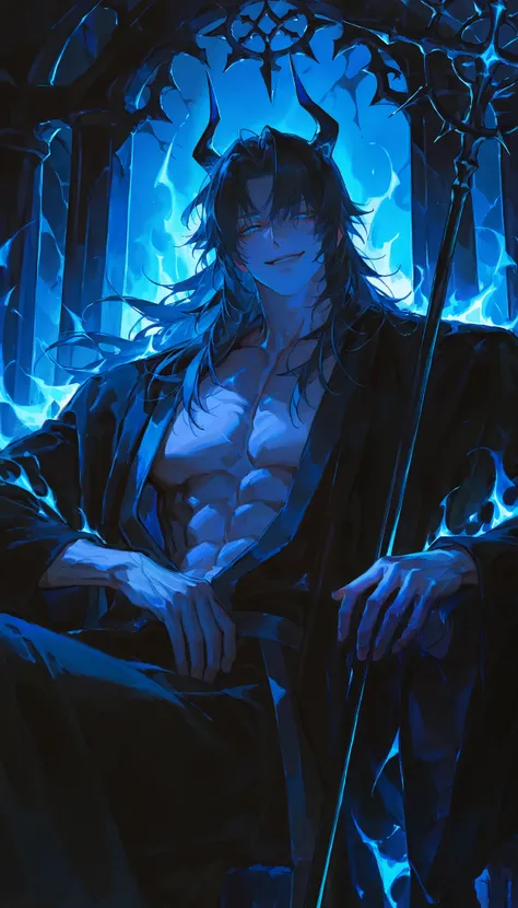 Young man, 1man ,Handsome,long hair,Solo painting,mature man, muscles,solo,alone,handsome,blue eyes, (open robe, fancy black robe, underworld background with blue flames behind a dark throne, holding one black staff, horns, proportionately correct, smirk),...
