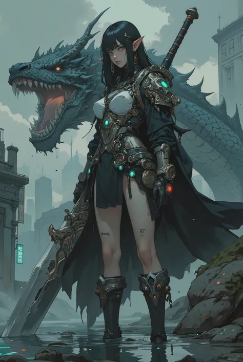 A skinny 18 year-old female assassin in a monster hunter style world, sexy armored lingerie, micro-thong, long elf ears, massively enormous massive breasts, extremely skinny with wide hips, straight across bangs, giant final fantasy style broadsword on he...