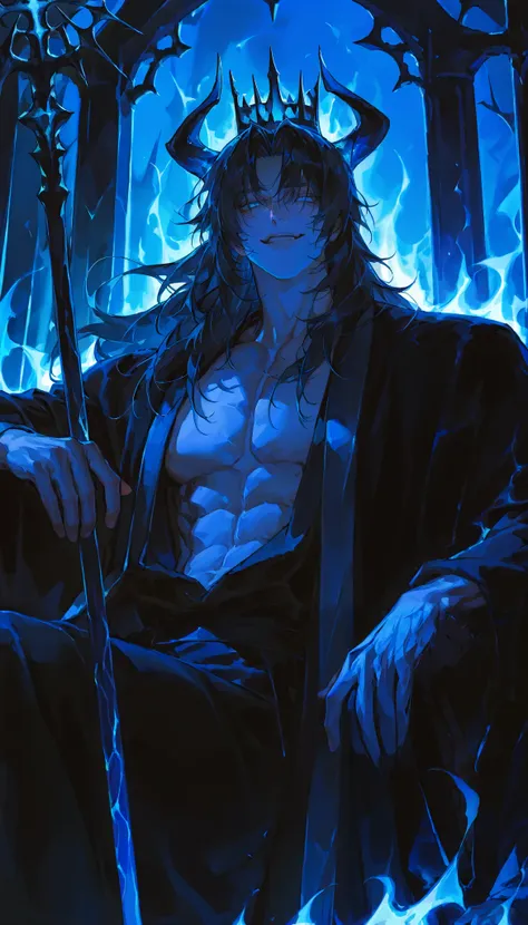 Young man, 1man ,Handsome,long hair,Solo painting,mature man, muscles,solo,alone,handsome,blue eyes, (open robe, fancy black robe, underworld background with blue flames behind a dark throne, holding one black staff, horns, proportionately correct, smirk),...