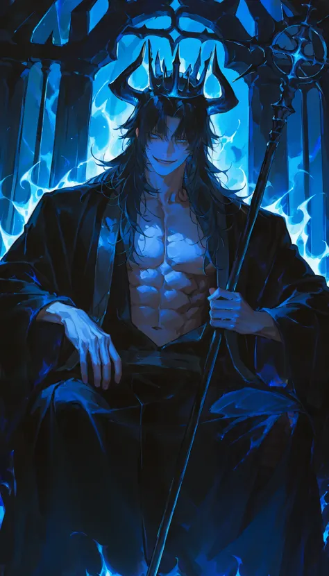 Young man, 1man ,Handsome,long hair,Solo painting,mature man, muscles,solo,alone,handsome,blue eyes, (open robe, fancy black robe, underworld background with blue flames behind a dark throne, holding one black staff, horns, proportionately correct, smirk),...