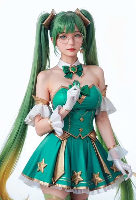1girl,green hair,long hair,glasses,green eyes,twintails,bare shoulders,breasts,large breasts,round eyewear,sona_star,bangs,gloves,hair ornament,detached sleeves,skirt,very long hair,white gloves,green skirt,official alternate costume,green thighhighs,magic...