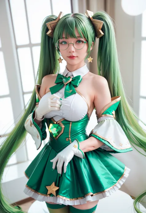 1girl,green hair,long hair,glasses,green eyes,twintails,bare shoulders,breasts,large breasts,round eyewear,sona_star,bangs,gloves,hair ornament,detached sleeves,skirt,very long hair,white gloves,green skirt,official alternate costume,green thighhighs,magic...