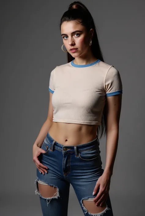 score_9, best quality, highly detailed, absurd resolution, full body shot, wide shot, 1girl, margqflx, stading, in a photo studio, seductive posing, young, fit, wearing makup, intricate hair, long high ponytail, long eyelashes, big blue eyes, light pink gl...