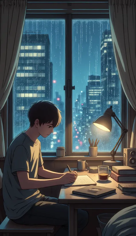 Imagine a quiet scene of a boy studying at night in his room. He is sitting at a table near a window, with books and notebooks scattered. Outside,  The rain falls softly , knocking on the window and creating a sense of calm. The soft lighting of the desk l...