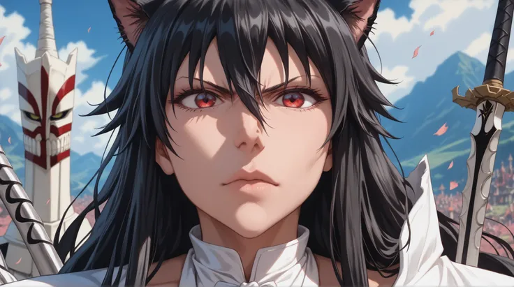 estilo anime bleach, junkotvvxl , red eyes, black hair, cat ears, blows, hair between eyes, long hair, , (Ahoge), straight bangs, hair between eyes, , cape,close up, black heavy detailed clothes, single person, weapon, art, dark and malevolent, weapon, arm...
