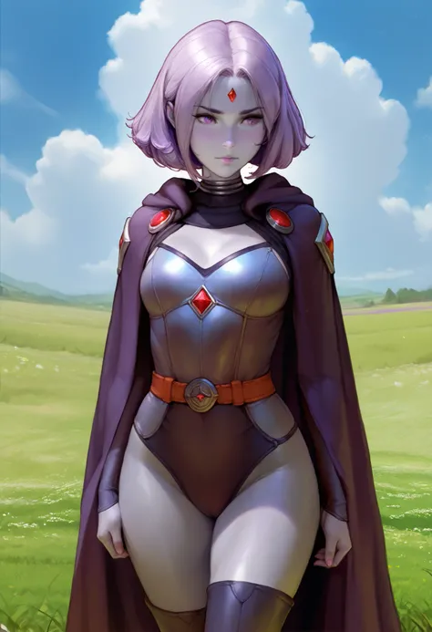 masterpiece, best quality, 1girl, rachelroth, purple hair, short hair, purple eyes, (grey skin), (colored skin), forehead jewel, leotard, belt, cape, closed mouth, standing, solo,  solo, blue sky, cloud, grass, meadow background  kittew, diathorn , vixon