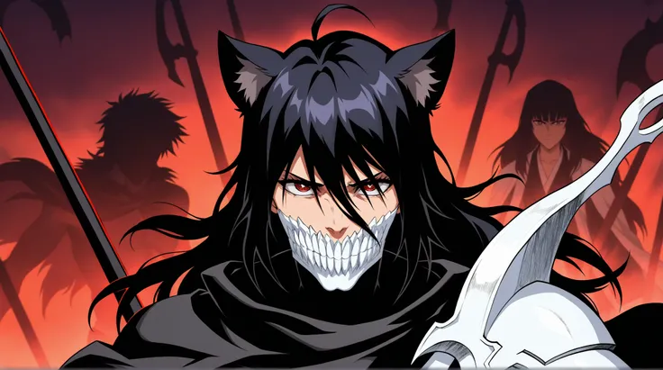 estilo anime bleach, junkotvvxl , red eyes, black hair, cat ears, blows, hair between eyes, long hair, , (Ahoge), straight bangs, hair between eyes, , cape,close up, black heavy detailed clothes, single person, weapon, art, dark and malevolent, weapon, arm...