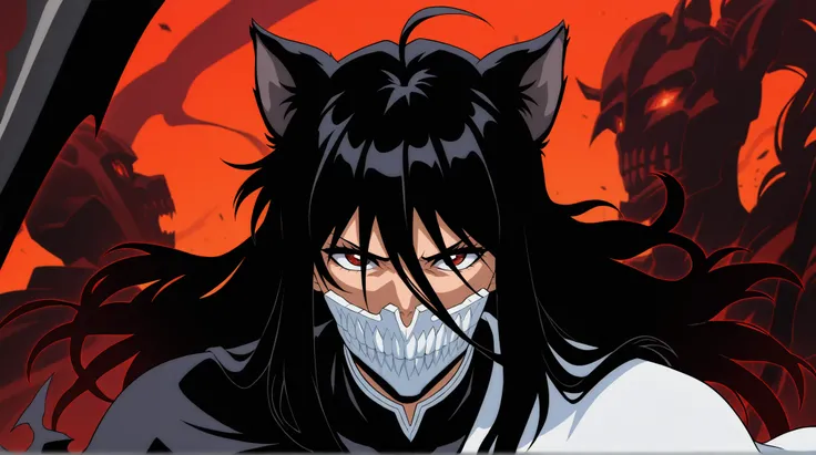 estilo anime bleach, junkotvvxl , red eyes, black hair, cat ears, blows, hair between eyes, long hair, , (Ahoge), straight bangs, hair between eyes, , cape,close up, black heavy detailed clothes, single person, weapon, art, dark and malevolent, weapon, arm...