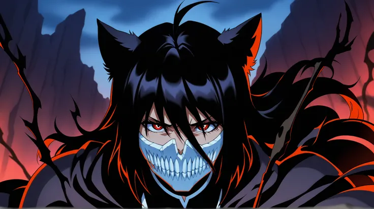 estilo anime bleach, junkotvvxl , red eyes, black hair, cat ears, blows, hair between eyes, long hair, , (Ahoge), straight bangs, hair between eyes, , cape,close up, black heavy detailed clothes, single person, weapon, art, dark and malevolent, weapon, arm...