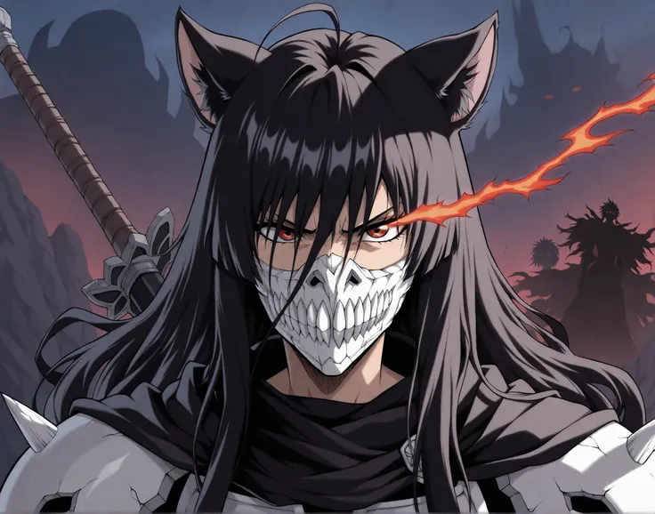 estilo anime bleach, junkotvvxl , red eyes, black hair, cat ears, blows, hair between eyes, long hair, , (Ahoge), straight bangs, hair between eyes, , cape,close up, black heavy detailed clothes, single person, weapon, art, dark and malevolent, weapon, arm...