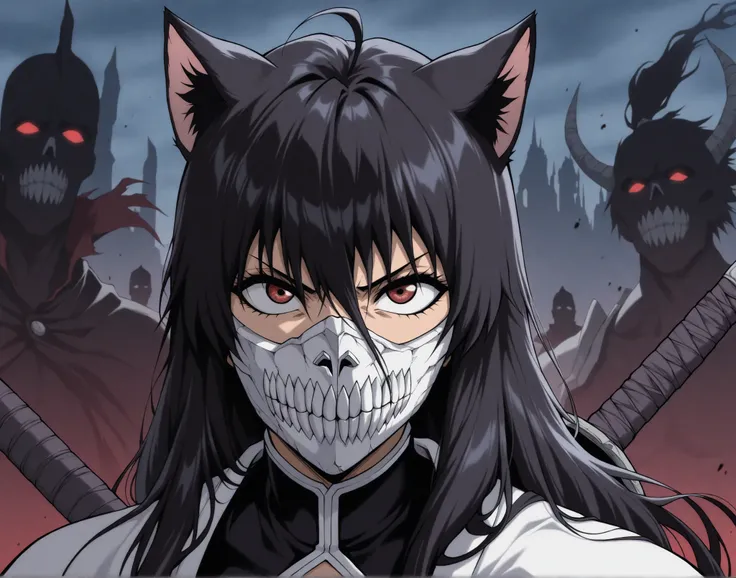 estilo anime bleach, junkotvvxl , red eyes, black hair, cat ears, blows, hair between eyes, long hair, , (Ahoge), straight bangs, hair between eyes, , cape,close up, black heavy detailed clothes, single person, weapon, art, dark and malevolent, weapon, arm...