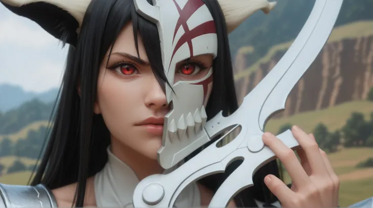 estilo anime bleach, junkotvvxl , red eyes, black hair, cat ears, blows, hair between eyes, long hair, , (Ahoge), straight bangs, hair between eyes, , cape,close up, black heavy detailed clothes, single person, weapon, art, dark and malevolent, weapon, arm...