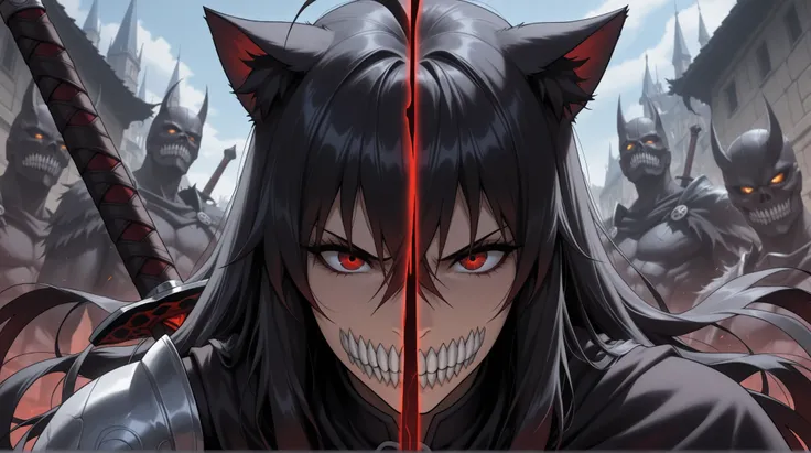 , junkotvvxl , red eyes, black hair, cat ears, blows, hair between eyes, long hair, , (Ahoge), straight bangs, hair between eyes, , cape,close up, black heavy detailed clothes, single person, weapon, art, dark and malevolent, weapon, armor, powerful and in...