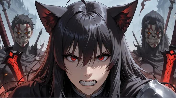 , junkotvvxl , red eyes, black hair, cat ears, blows, hair between eyes, long hair, , (Ahoge), straight bangs, hair between eyes, , cape,close up, black heavy detailed clothes, single person, weapon, art, dark and malevolent, weapon, armor, powerful and in...
