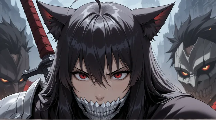 , junkotvvxl , red eyes, black hair, cat ears, blows, hair between eyes, long hair, , (Ahoge), straight bangs, hair between eyes, , cape,close up, black heavy detailed clothes, single person, weapon, art, dark and malevolent, weapon, armor, powerful and in...