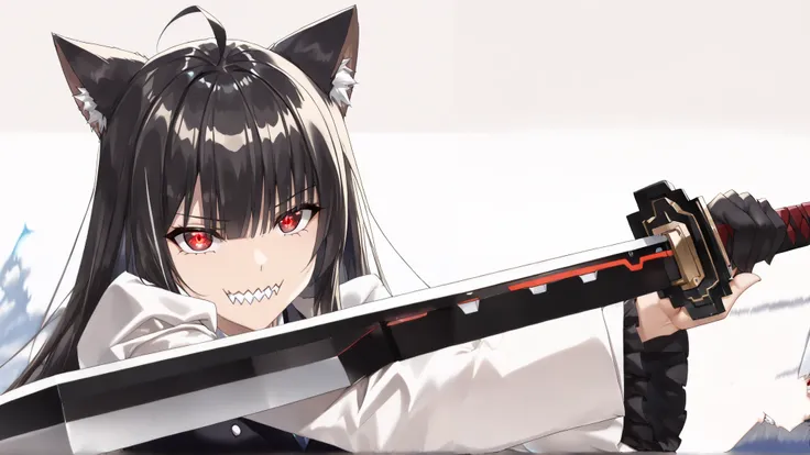 solo, masterpiece, hires,high resolution, best quality, (action shot) of bratz, large breasts, beautiful, black Shinigami battle dress, ((cat girl, cat black ears)), (red eyes), (long hair), (( black hair, (Ahoge), straight bangs,)),, (hollowfication:1.3),...