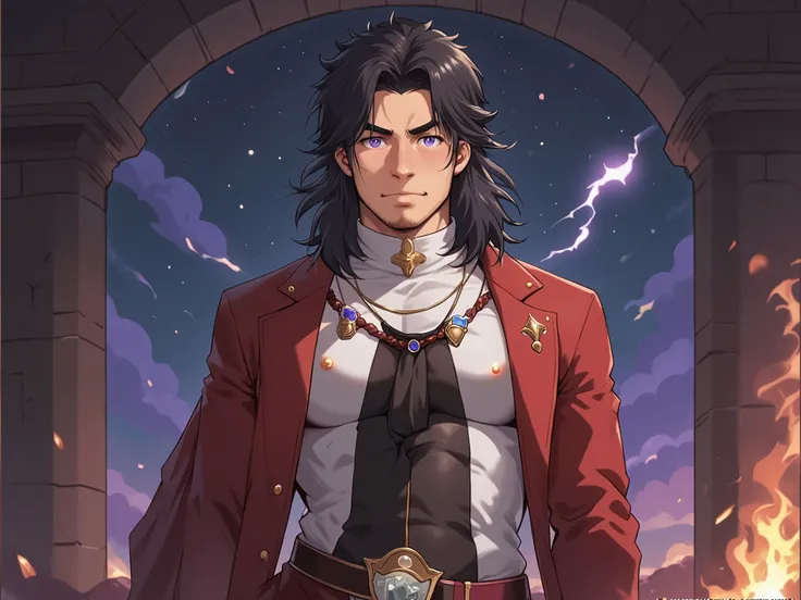 (Artwork )  Full view of the character , full-bodied character in the image. 
character: Dark-brown-haired Jacaerys Velaryon, With dark brown hair, violet-eyed, vistiendo ropas of black and red colors. 
Appearance of the prince:  ager, in white leather, wi...
