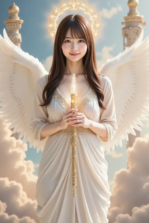 misaki, huge breast, A highly detailed, ultra-realistic digital illustration of a beautiful young Asian female angel standing gracefully in the celestial heavens, holding a small, ornate angelic staff infused with divine energy. She is depicted from the wa...
