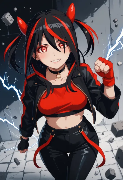 Score_9, Score_8_up, Score_7_up, bright skin: 0.1, anime_source, deep skin, high quality, high resolution, (curvy), ((wide hips)), medium breasts, cute, sexy, 1 girl, BREAK HaneruEmi, HaneruEmi, long hair, black hair, red highlights, red eyeshadow, red eye...