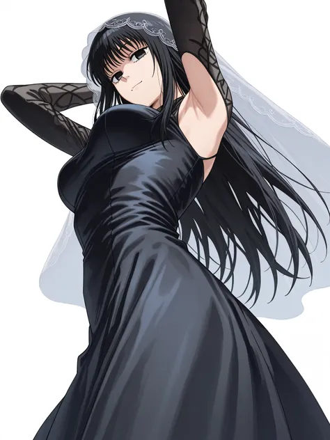 masterpiece, best quality, amazing quality, anime screencap, 1girl, solo, osaragi, osaragi (sakamoto days), black hair, long hair, black eyes, veil, black dress, arms up, raised arms, armpit, head towards viewer, looking at viewer, (front light:1.1), from ...