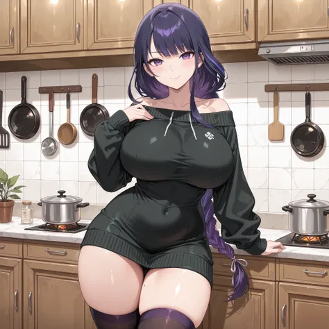 masterpiece, high quality, top quality, very aesthetic, absurd, raiden shogun, braid, braided ponytail, long hair, one mole, one mole under eye, purple eyes, purple hair, Off shoulder sweater , Off-shoulder drees sweater , medium long drees sweater , Off s...