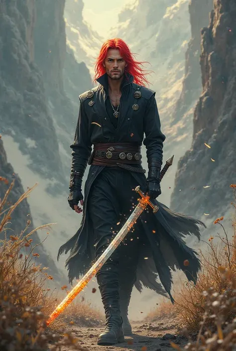 Dream Westward Journey，Swordsman，red hair，black clothes，Illuminated levelless weapon，Handsome