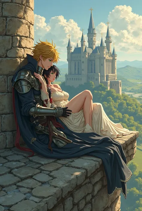 Kirito Blond aux yeux verts en paladin qui sont allonger sur un le toit d'un château avec unebelle femme au cheveux noir et yeux vert