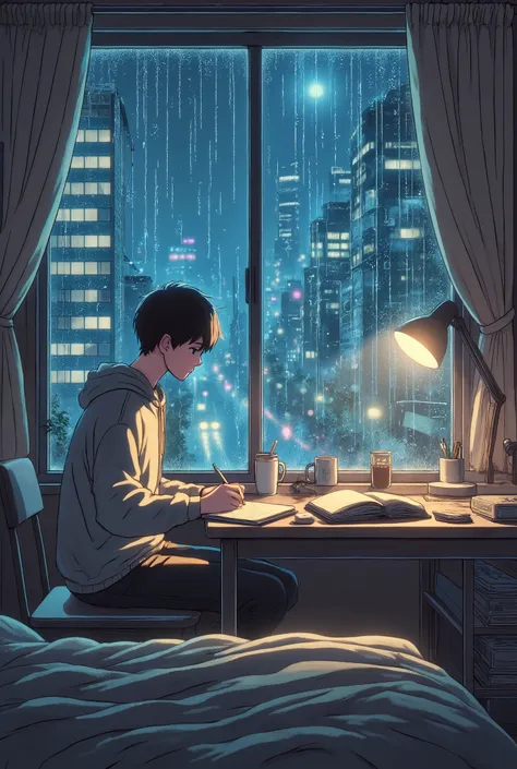 Imagine a quiet scene of a boy studying at night in his room. He is sitting at a table near a window, with books and notebooks scattered. Outside,  The rain falls softly , knocking on the window and creating a sense of calm. The soft lighting of the desk l...
