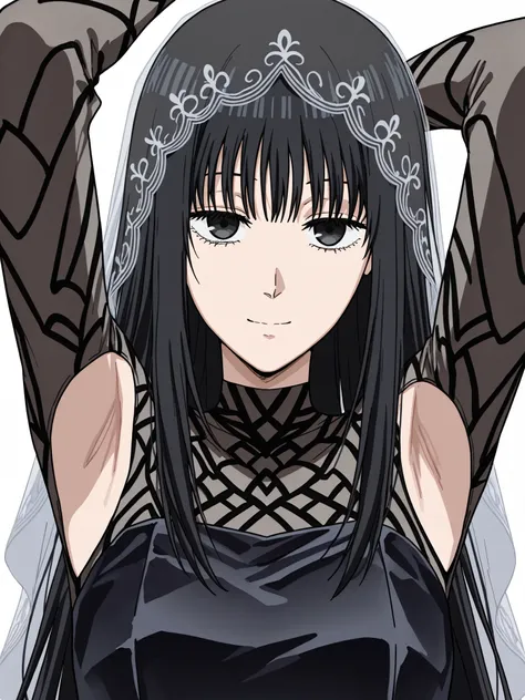 masterpiece, best quality, amazing quality, anime screencap, 1girl, solo, osaragi, osaragi (sakamoto days), black hair, long hair, black eyes, veil, black dress, arms up, raised arms, armpit, head towards viewer, looking at viewer, (front light:1.1), light...