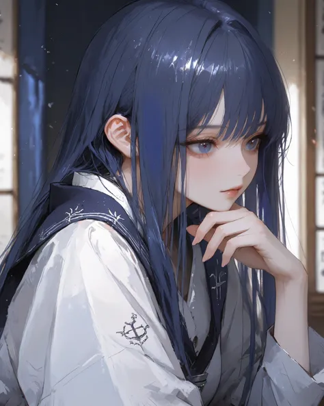 depth of field, masterpiece, best quality,good quality,average quality,very beautiful,absurd,ultra-high resolution,32K UHD, masterful details,newest,year 2024,year 2023,
1 girl,dark navy blue hair, long straight hair, deep and dark navy blue eyes, a gentle...