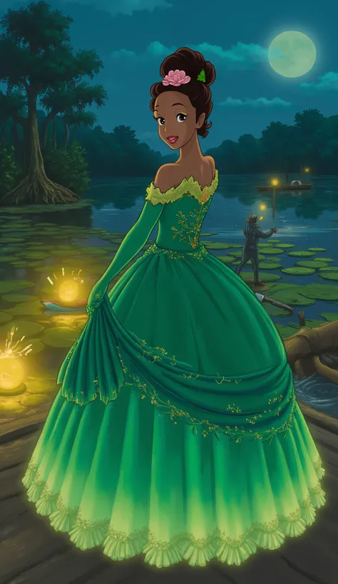Ghibli-Style Tiana (Bayou Fairy Tale Scene)**
**Prompt:**
*"A Studio Ghibli-inspired painting of Princess Tiana in her emerald-green lilypad ballgown, standing gracefully on a glowing bayou pier at dusk. Her dress is a fusion of nature and magic—layers...
