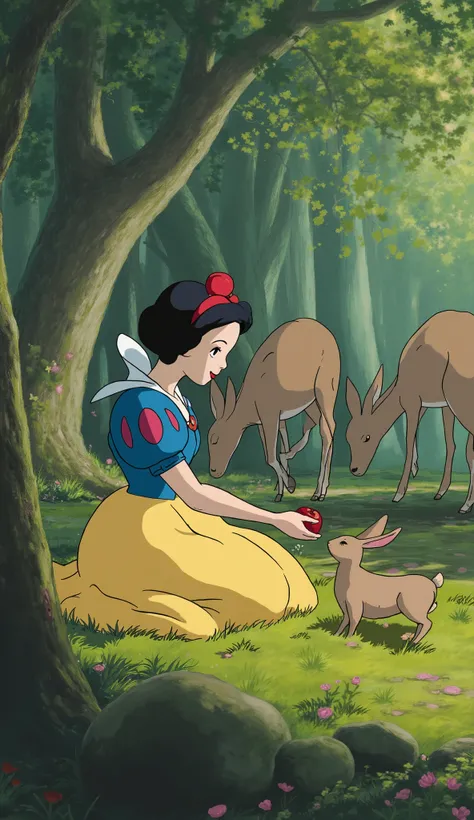 Ghibli-Style Snow White (Enchanted Forest Scene)**
**Prompt:**
*"A Studio Ghibli-inspired painting of Snow White in her classic blue-yellow-red dress, kneeling in a sun-dappled forest clearing. Her dress is softly textured—the blue bodice has subtle em...