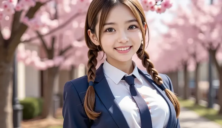 15 years old、female、smile、beautiful face、braids、school uniform、 Cherry Blossom Tree Background 、 clear