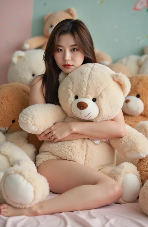 Realistic photographs of (A korean woman) , (naked:1),( (((Hourglass Body))), ((Medium bust )),(((Sitting hugging a teddy bear from the front))), She is behind the teddy bear. ((Perfectly beautiful hands and feet)) ,((The most detailed information)), ตุ๊กต...