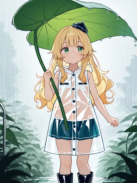 (masterpiece), of the best quality, completely complete, solo, small, Light color,
semi-long hair, wave hair, short bang, Blonde Hair, green eyes, Flat chest, Rainy Day,(see-through raincoat:0.6), small pointy hat, (white sleeveless shirt:1.2), (blue minis...