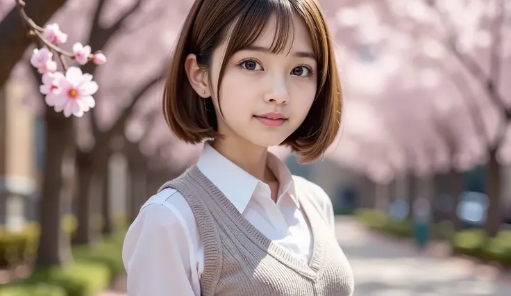 15 years old、clear、female、smile、beautiful face、short hair、bob cut、school uniform、 knitted vest、 Cherry Blossom Tree Background 、 clear