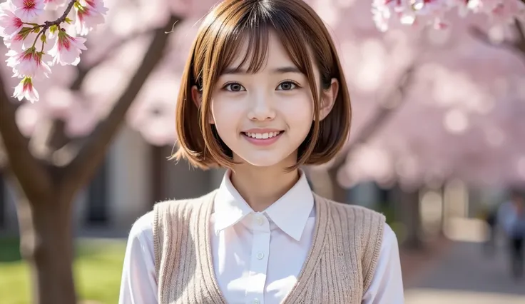 15 years old、clear、female、smile、beautiful face、short hair、bob cut、school uniform、 knitted vest、 Cherry Blossom Tree Background 、 clear