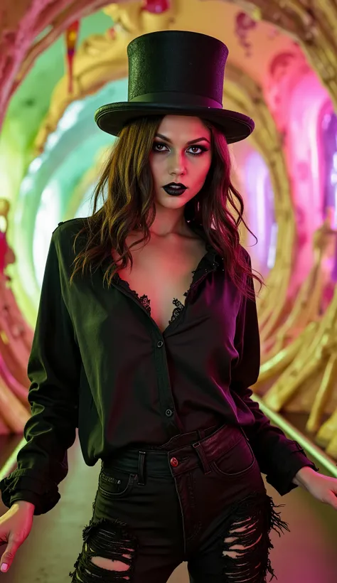 (((mid body picture))),  female model in a surreal music video inspired by 'Dope Hat,' (((aboard a sinister candy boat shaped with twisted peppermint railings and cracked gingerbread hull))), floating through a vibrant tunnel; slim pale figure, one white c...