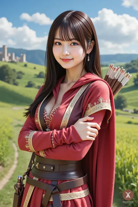 sakura, huge breast, A highly detailed, ultra-realistic digital illustration of a beautiful young Asian female archer standing proudly in an expansive, lush green field inspired by classic fantasy RPGs. She is captured in a medium close-up shot, ensuring h...