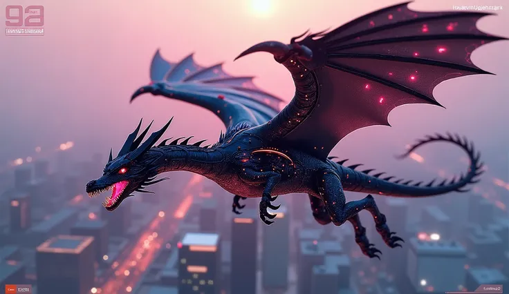 surreal fantasy, cyberpunk, steampunk, neon, A dragon with mechanical wings and glowing circuits, soaring over a futuristic city.: artgerm, highly detailed, ilya kuvshinov, volumetric light, yoshitaka amano, Canon50, infrared