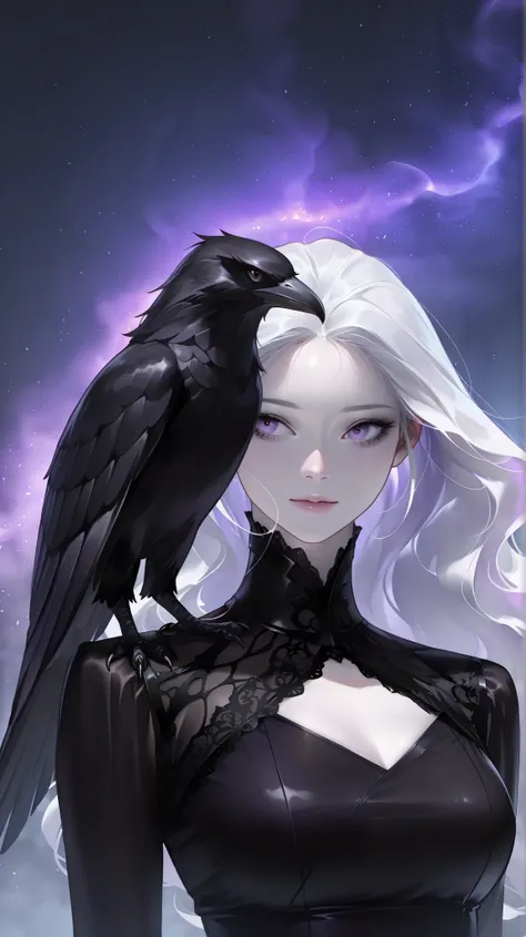masterpiece, best quality, amazing quality, newest, very aesthetic, 1girl,Digital painting featuring a fantasy portrait of a woman with long, flowing white hair and pale skin. Her eyes are a striking shade of purple, adding a mystical element to her appear...